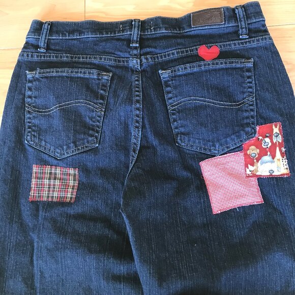 Upcycled Patchwork Jeans: Boho Distressed Denim with Puppies, Size 12 Short - Picture 13 of 13